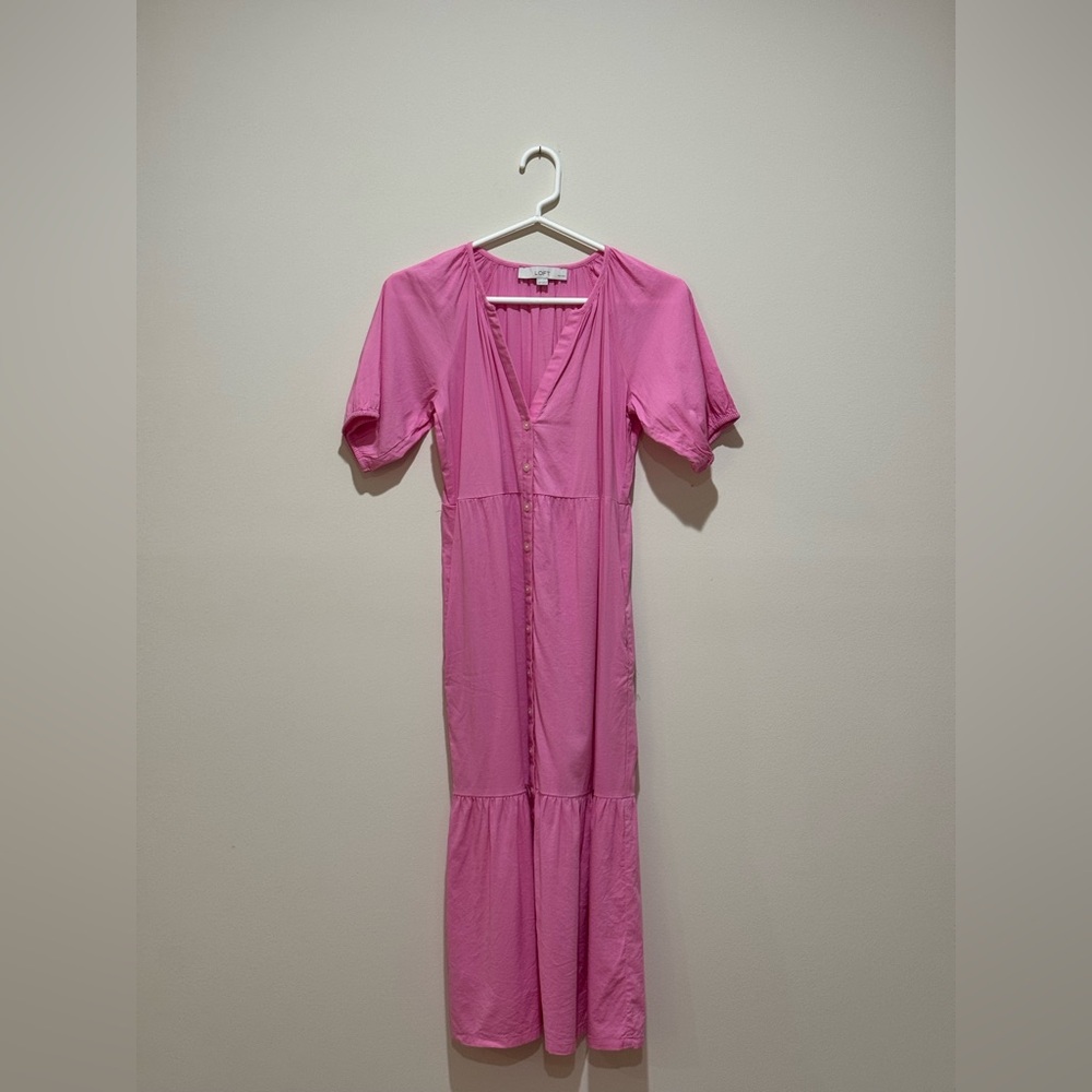 Loft Pink Button Tiered Midi Dress, Size XS petite